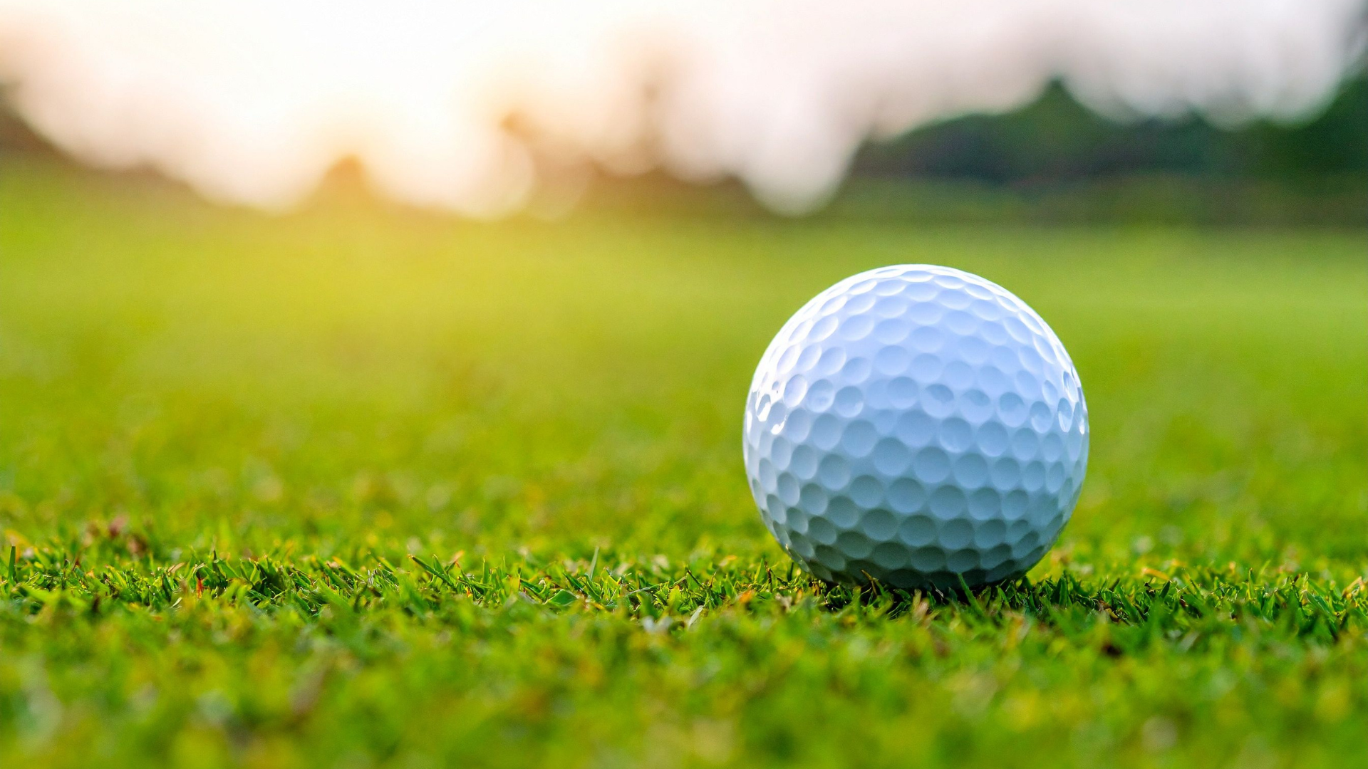 Balle de golf sur le green au coucher de soleil